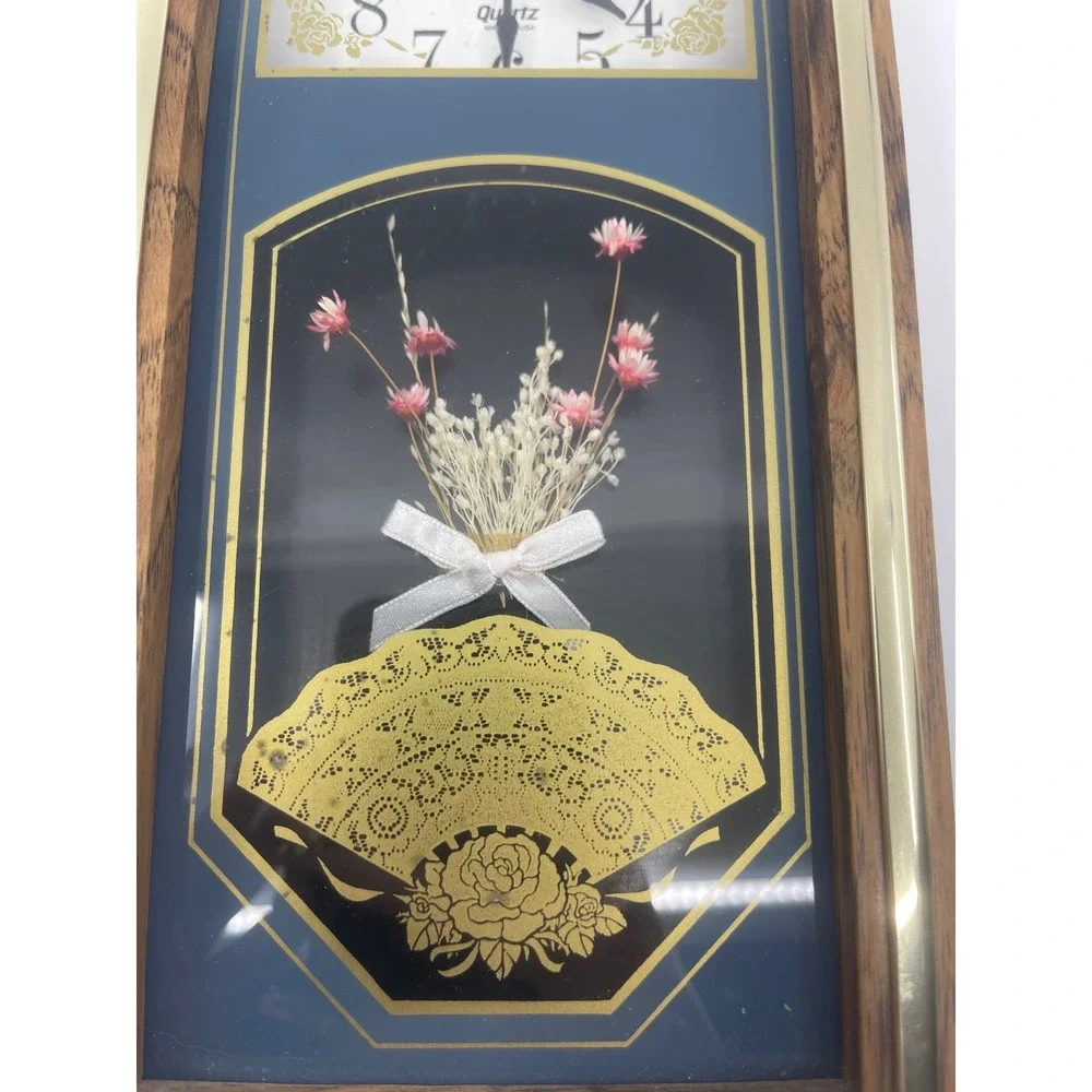 Vtg Elgin Quartz Wall Clock Wood Brass Trim 80s 90s Fan‎ Flowers USA works read